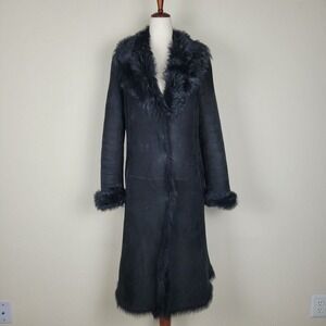 Inochi Coat 10 Black Fur Trim Lamb Suede Leather Collared Cuffs Long Mob Wife